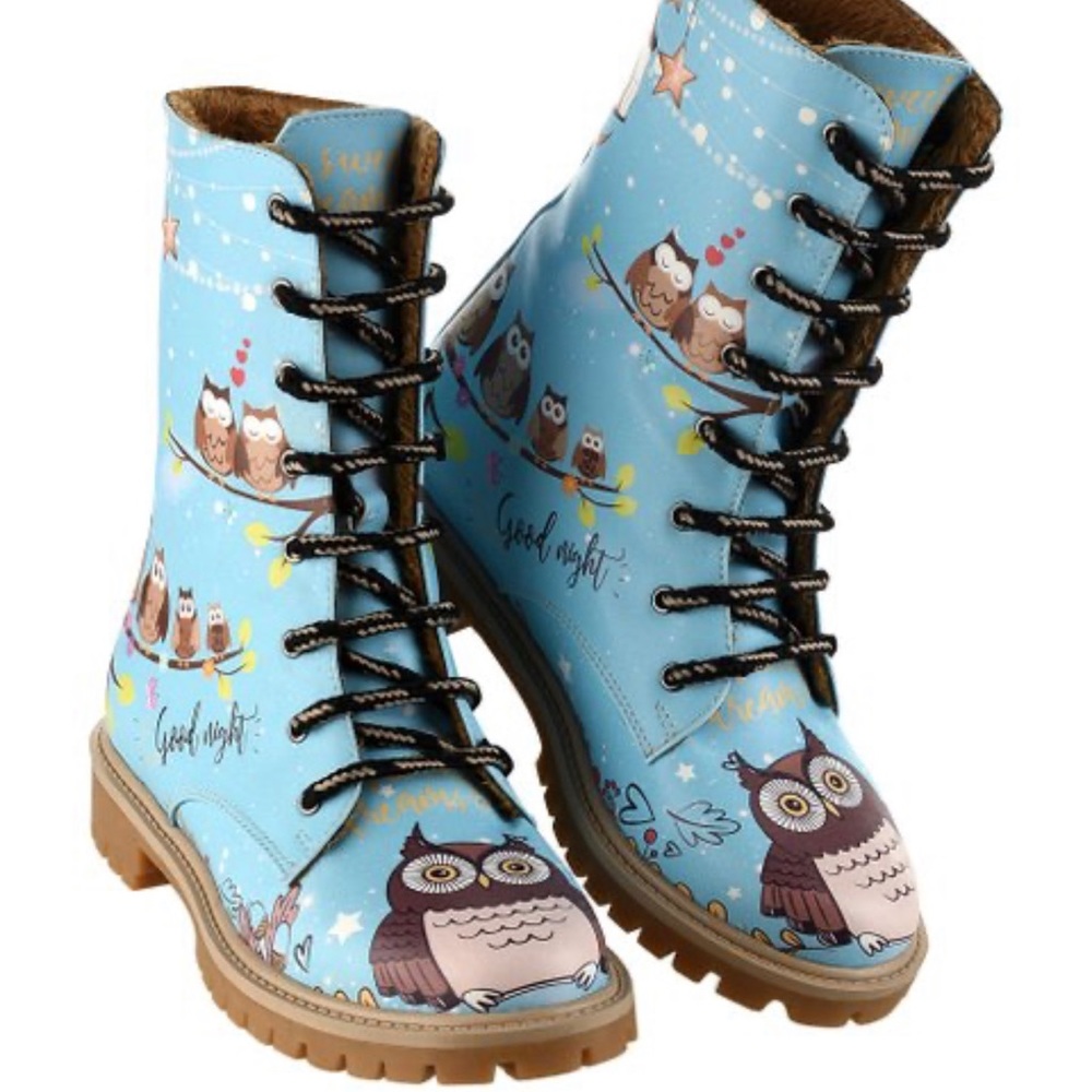 Beautiful New combat boots Owl size 37 European 6.5 US very cute and unique